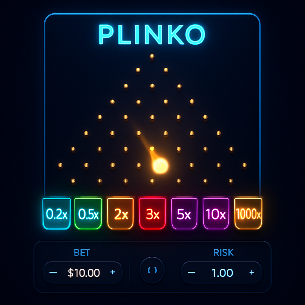Plinko казино — игровой экран с пирамидой из пинов